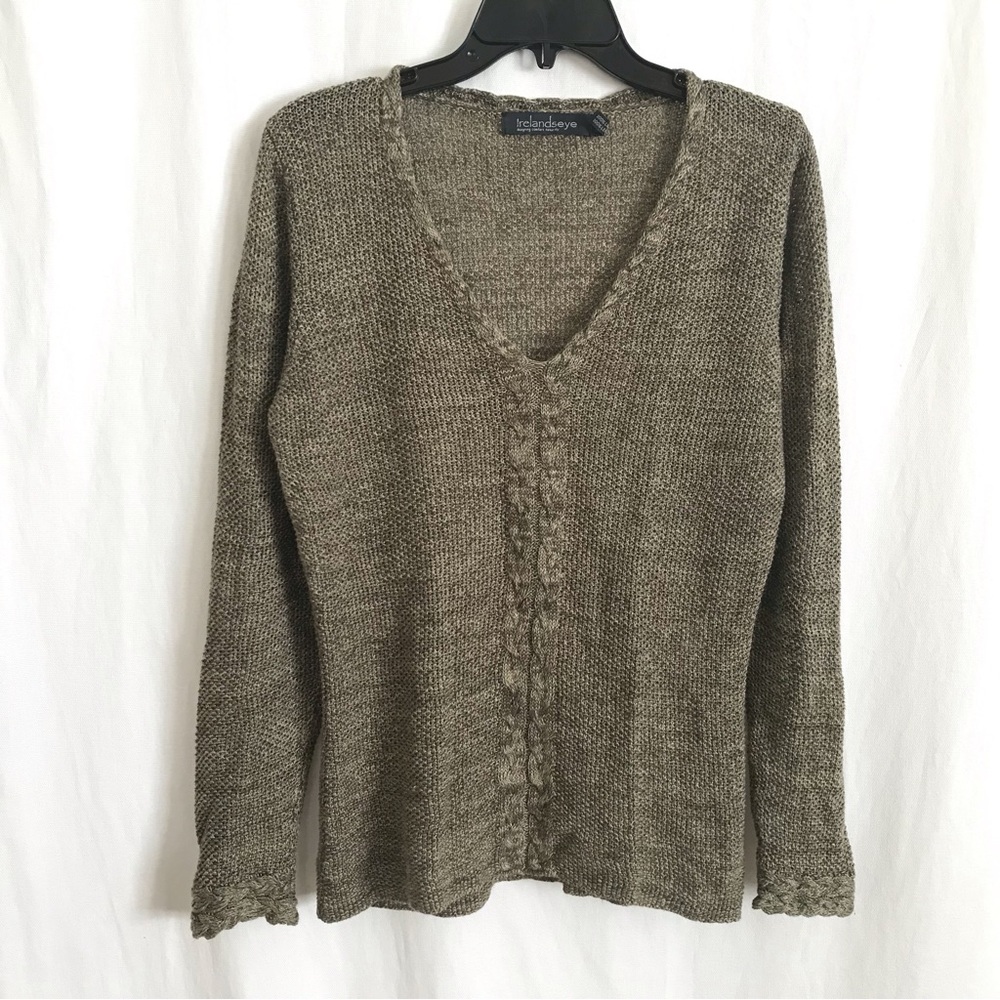 Irelandseye V neck long sleeve knit wear,100% linen, color Taupe, size M